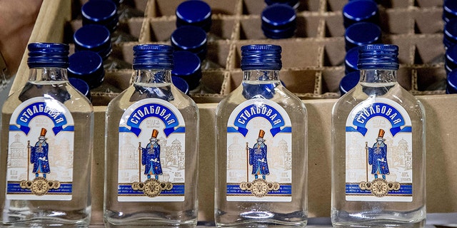 Picture shows vodka bottles that were seized by the customs authorities in the port of Rotterdam, on February 26, 2019.