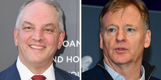 Louisiana Gov. John Bel Edwards, left, and NFL Commissioner Roger Goodell