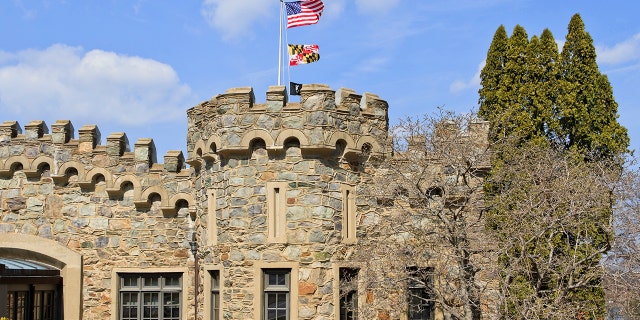 A stone castle-shaped building at the Fort Ritchie site in northern Maryland. The fort was shut down in 1998 as a result of base realignment.