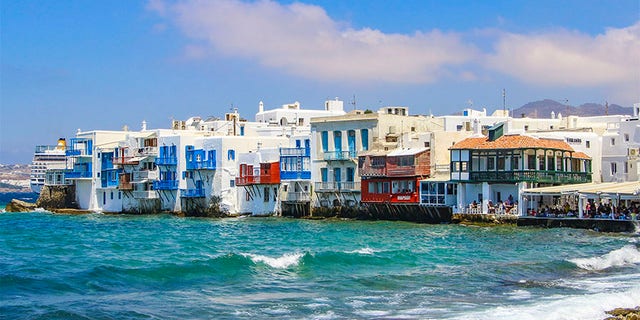 Famous pictorial waterfront of Little Venice in Mykonos town. Little Venice is one of the most romantic places in Mykonos island, that belongs to Cyclades islands, Greece.