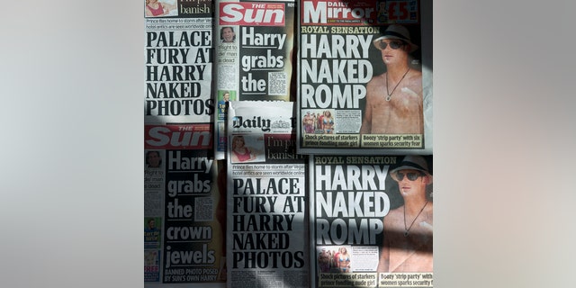 An arrangement of British daily newspapers photographed in London on August 23, 2012 shows the front-page headlines and stories regarding nude pictures of Britain's Prince Harry. The British royal family on August 23 warned the country's newspapers not to publish nude photographs of Prince Harry cavorting with friends on holiday in Las Vegas. Newspapers on Thursday adhered to the palace's request with The Mirror having "Harry naked romp" splashed across its front page while the Daily Mail ran with "Palace fury at Harry naked photos" as its main headline.