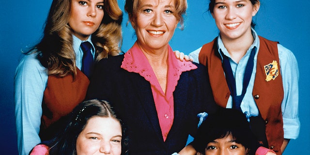 The "Facts of Life" family: Lisa Whelchel as Blair Warner, Charlotte Rae as Mrs. Edna Ann Garrett, Nancy McKeon as Joanna 'Jo' Marie Polniaczek, Kim Fields as Dorothy 'Tootie' Ramsey, Mindy Cohn as Natalie Letisha Sage Green.