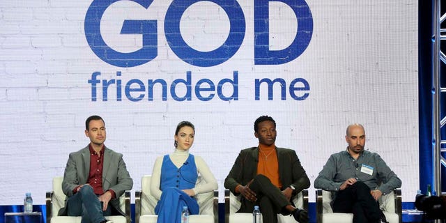 Steven Lilien, from left, Violett Beane, Brandon Micheal Hall and Bryan Wynbrandt participate in the "God Friended Me" show panel during the CBS presentation at the Television Critics Association Winter Press Tour at The Langham Huntington on Wednesday, Jan. 30, 2019, in Pasadena, Calif. (Photo by Willy Sanjuan/Invision/AP)