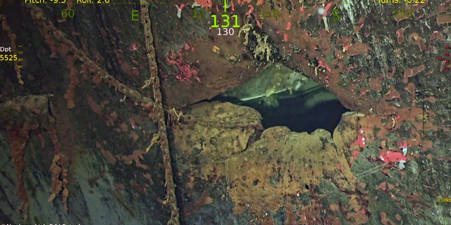 Damage to the USS Hornet's hull. (Navigea Ltd, R/V Petrel, Paul G. Allen's Vulcan Inc.)