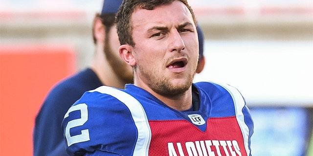 Montreal Alouettes quarterback Johnny Manziel (2) at warm-up before the Edmonton Eskimos-Montreal Alouettes game in Montreal on July 26, 2018. (Photo by David Kirouac/Icon Sportswire via Getty Images)