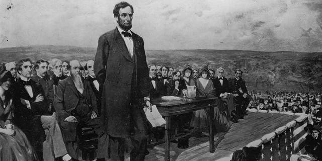 Above, a painting of President Lincoln delivering the "Gettysburg Address" on Nov. 19, 1863. 