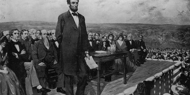 Above, a painting of President Lincoln delivering the "Gettysburg Address" on Nov. 19, 1863. 