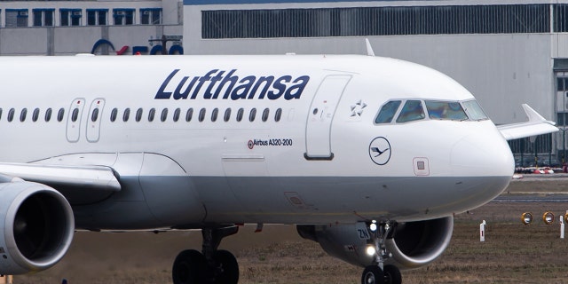FEB 11: An Airbus A320 of the airline Lufthansa is taxiing on the tarmac at Frankfurt Airport.