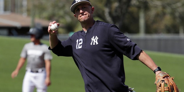 New York Yankees shortstop Troy Tulowitzki does drills at the Yankees spring training baseball facility, Thursday, Feb. 21, 2019, in Tampa, Fla.