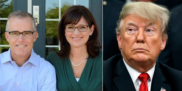 President Donald Trump mocked Andrew McCabe’s wife, Jill (both left), as a “loser” during a conversation between the two, the ex-FBI deputy director claims in a new book.
