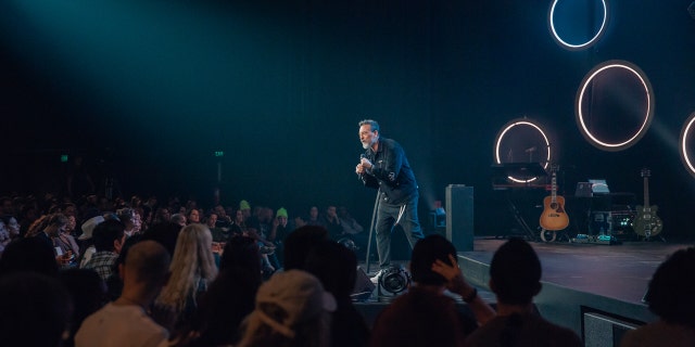 Pastor Erwin McManus speaks at a Sunday service at Mosaic church at their location on the corner of Hollywood Boulevard and La Brea.