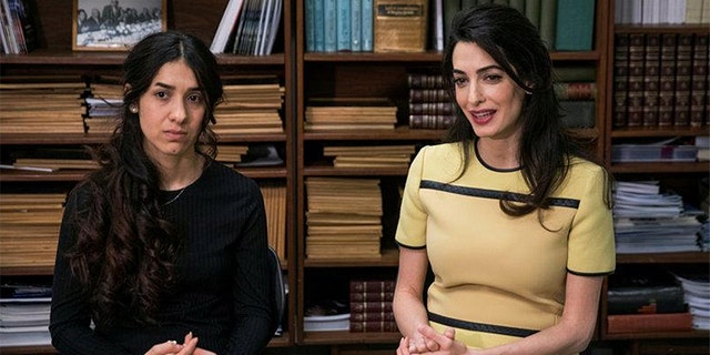 Yazidi survivor Nadia Murad (L) takes part in an interview with international human rights lawyer Amal Clooney at United Nations headquarters in New York, U.S., March 9, 2017. 