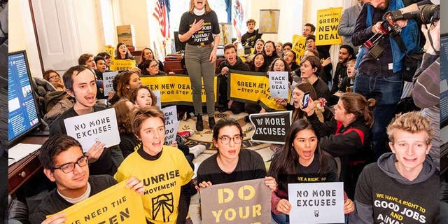 New York Democratic Rep. Alexandria Ocasio-Cortez joined climate protesters during a sit-in late last year in soon-to-be House speaker Nancy Pelosi's office.