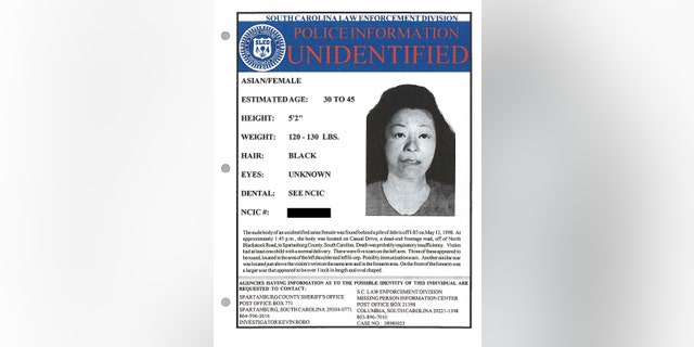 Myoung Hwa Cho is shown on a poster provided by the Spartanburg County, South Carolina, Sheriff's Office.
