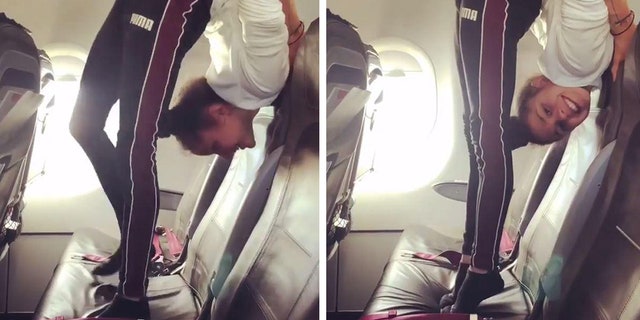 In the much buzzed-about clip, which has since been viewed over 238,000 times on PassengerShaming’s account, Millinger stands on the airplane seat in an extreme backbend, before lowering her head to rest on the seat itself. 