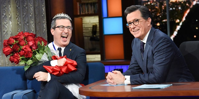 The Late Show with Stephen Colbert and guest John Oliver during the show on February 11, 2019. Photo: Scott Kowalchyk / CBS 