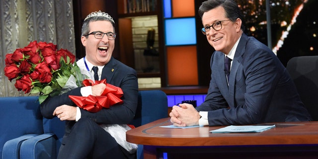 The Late Show with Stephen Colbert and guest John Oliver during February 11's, 2019 show. Photo: Scott Kowalchyk/CBS