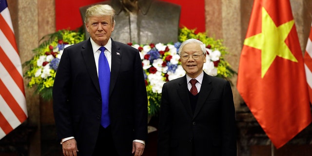 President Trump meets Vietnamese President Nguyen Phu Trong at the Presidential Palace, Wednesday, Feb. 27, 2019, in Hanoi. (Associated Press)