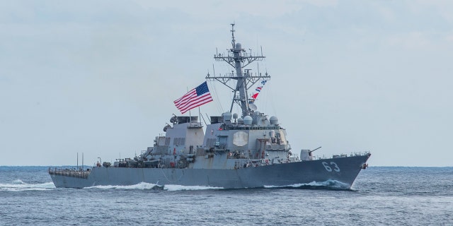 The Arleigh Burke-class guided-missile destroyer USS Stethem (DDG 63), seen here during an exercise in the Western Pacific, passed through the Taiwan Strait on Monday.