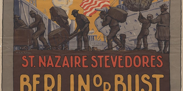 A poster promoting the work of stevedores, who helped transport and unload American cargo overseas to France during World War I. This role was one of many that African Americans filled during The Great War -- and an essential one that helped lead the allies to victory.