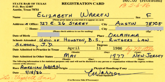 Elizabeth Warren's 1986 bar card. (State Bar of Texas)