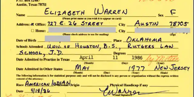 Elizabeth Warren's April 1986 bar card, containing her claim of American Indian heritage, first obtained by The Washington Post. (State Bar of Texas)