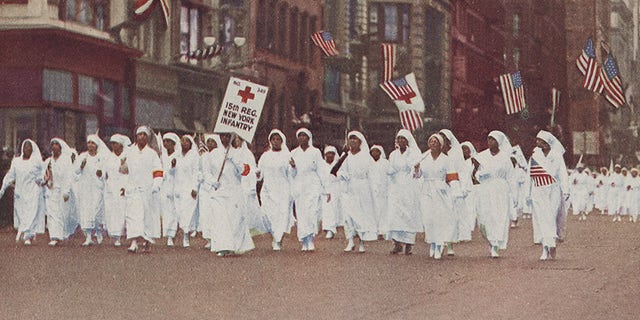 Red Cross nurses -- one of the roles African American women filled -- marching in New York City during World War I.