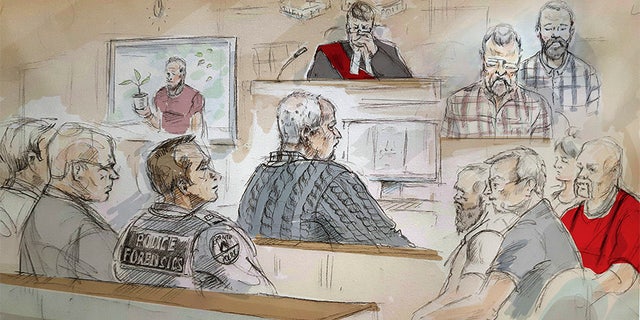 In this artist's sketch, serial killer Bruce McArthur, center, attends his sentencing hearing in Toronto on Monday.