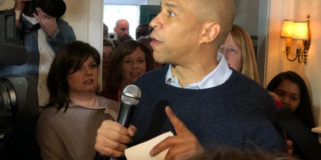 Senator Cory Booker speaks at a party in Nashua, New Hampshire. The New Jersey senator condemned Trump 's national emergency declaration. (ROB DIRIENZO / FOX NEWS)