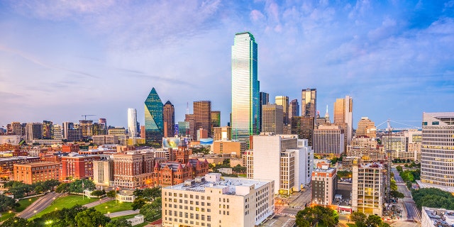 Dallas, Texas, USA downtown skyline at dusk.