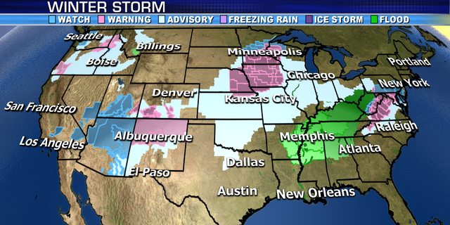 Winter storm warnings and advisories stretch from the Midwest to the Mid Atlantic and Northeast.