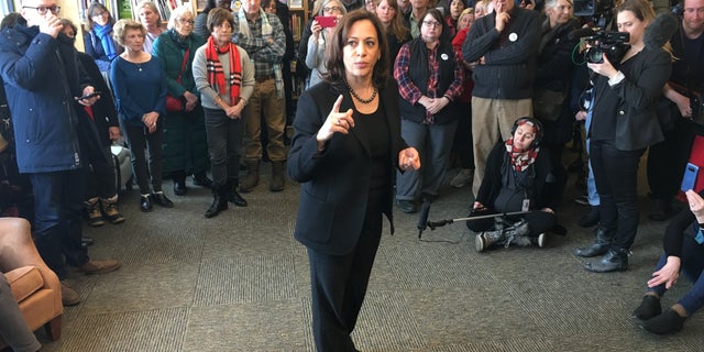 Sen. Kamala Harris talking to a crowd at Gibson's Bookstore in Concord, N.H.