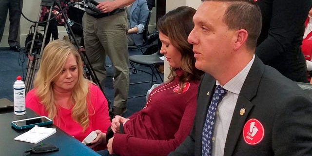 April Lanham, center, undergoes a procedure in Frankfort, Ky., that allows the audience at a Kentucky legislative meeting to hear her unborn son's heartbeat, Thursday, Feb. 14, 2019 in Frankfort, Ky. Her appearance came shortly before a Kentucky Senate committee advanced a bill that would ban most abortions in the state once a fetal heartbeat is detected. (Tom Latek/Kentucky Today via AP)