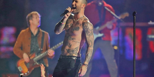 Adam Levine of Maroon 5 performs during halftime of the NFL Super Bowl 53 football game between the Los Angeles Rams and the New England Patriots Sunday, Feb. 3, 2019, in Atlanta.