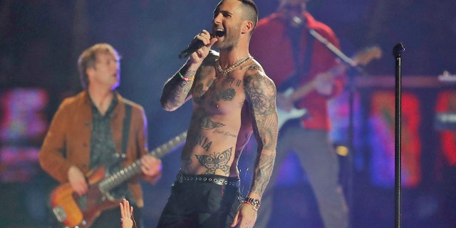 Adam Levine of Maroon 5 performs during halftime of the NFL Super Bowl 53 football game between the Los Angeles Rams and the New England Patriots Sunday, Feb. 3, 2019, in Atlanta.