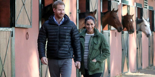 British Prince Harry and Meghan, Duchess of Sussex, visit the Royal Moroccan Federation of Riding Sports in Rabat, Morocco on Monday, February 25, 2019. The royal couple is expecting their first child in spring 2019.