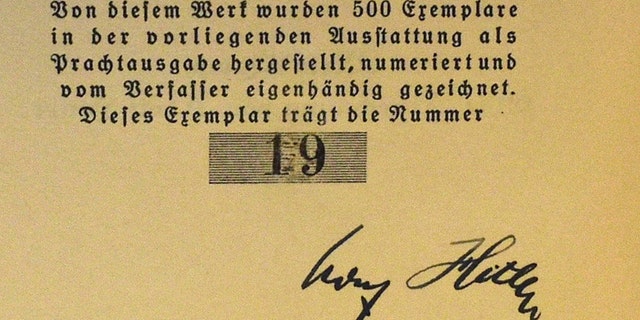 Hitler signed the first edition 'Special Presentation' copy and gave it to fellow Nazi and prison inmate Hermann Esser on Christmas Eve 1925. Signed copies of the book were only handed out to a select few of Hitler’s inner circle. (Credit: SWNS)
