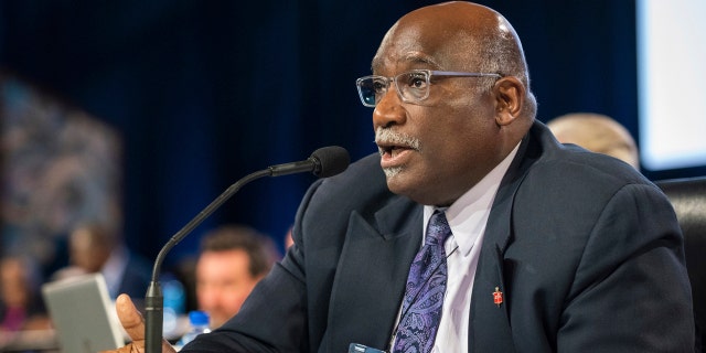 The Rev. Gregory Palmer, west Ohio Bishop, speaks during the 2019 Special Session of the General Conference of The United Methodist Church in St. Louis, Mo., Tuesday, Feb. 26, 2019.