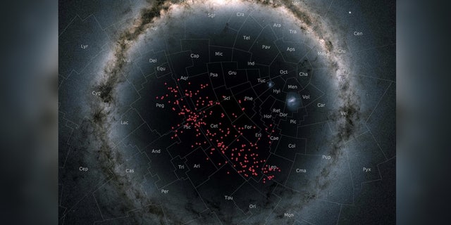 In this stereographic projection, the Milky Way curves around the entire image in an arc, with the newly discovered river of stars displayed in red and covering almost the entire southern Galactic hemisphere.
