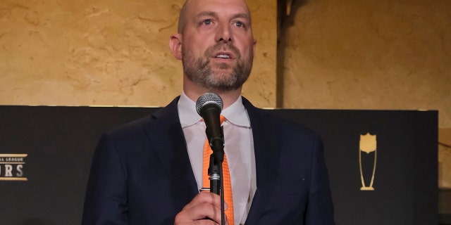 Coach of the Chicago Bears Matt Nagy, winner of the award from AP coach of the year, poses in the press room. (Photo by AJ Mast/Invision for NFL/AP Images)