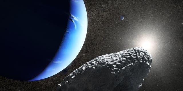 An artist's illustration of Netpune's smallest moon Hippocamp in orbit around the gas giant. It's just 20 miles across.