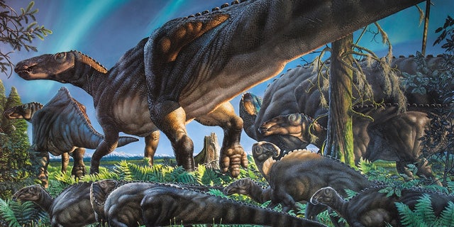 <em>Unnuakomys hutchisoni</em> iis almost undetectable in this mural depicting the Arctic landscape of the late Cretaceous.