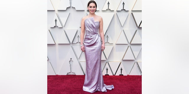Emilia Clarke arrives at the Oscars on Sunday, Feb. 24, 2019, at the Dolby Theatre in Los Angeles.