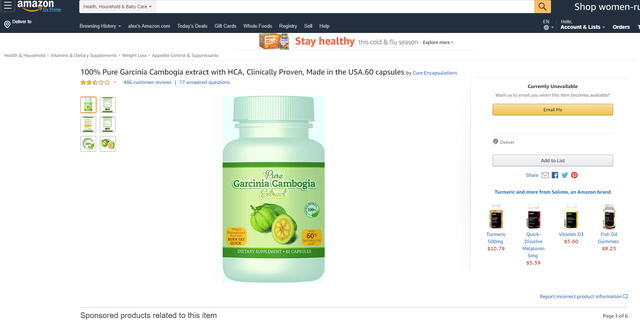 The FTC brought its first case ever against a business accused of purchasing fake Amazon reviews to boost sales. The diet pill at the center of the case is shown above on Amazon.com, though it is no longer for sale.