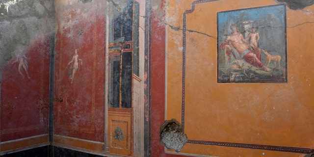 This undated photo provided Thursday, Feb. 14, 2019 by the Parco Archeologico di Pompei (Archeological Park of Pompei) shows the atrium of a house with a fresco portraying the mythological hunter Narcissus, right, in Pompeii, near Naples, Italy. Archaeologists have discovered a fresco in an ancient Pompeii residence that portrays the mythological hunter Narcissus, who fell in love with his own reflection, in a house where a fresco was found late last year depicting a sensual scene between the Roman god Jupiter disguised as a swan and Leda, a queen of Sparta from Greek mythology. (Parco Archeologico di Pompei via AP)