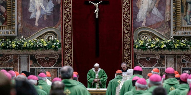 Pope Francis celebrates Mass at the Vatican, Sunday, Feb. 24, 2019. (Giuseppe Lami/Pool Photo via AP)