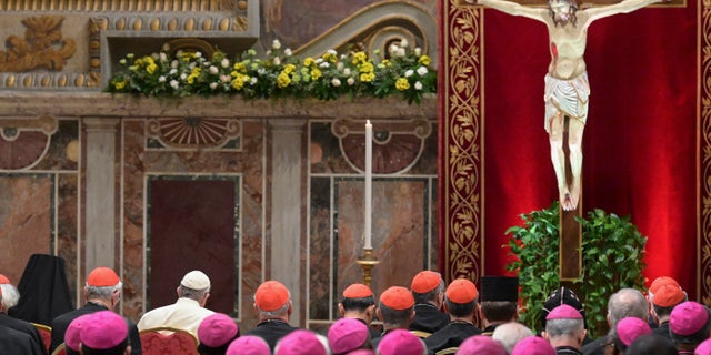 Pope Francis, background third from left, attends a penitential liturgy at the Vatican, Saturday, Feb. 23, 2019. (Vincenzo Pinto/Pool Photo Via AP)