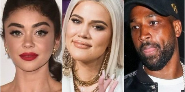 Sarah Hyland (left), Khloe Kardashian (center) and Tristan Thompson (right).