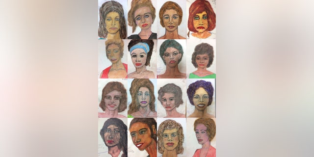 This combination of undated sketches provided by the FBI shows drawings made by admitted serial killer Samuel Little, based on his memories of some of his victims.