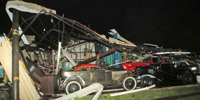This picture shows Damage to Lawrence Motors in Columbus, Miss. after a tornado in the city center.